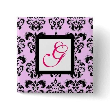 PINK LILAC BLACK DAMASK WHITE SQUARE MONOGRAM PINBACK BUTTON