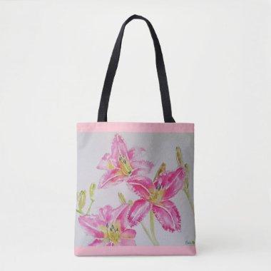 Pink Lilies Floral Watercolor Tote Bag