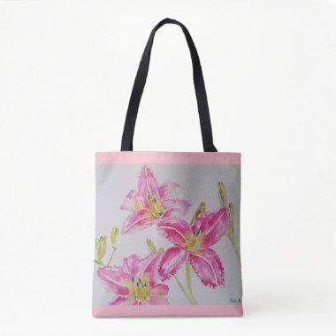 Pink Lilies Floral Watercolor Tote Bag