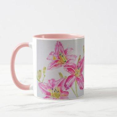 Pink Lily Flower Floral Lilium Watercolor Art Mug