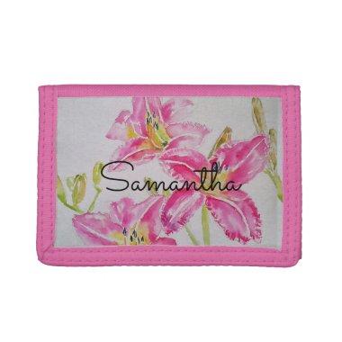 Pink Lily lillies Watercolor Floral Girls Name Trifold Wallet