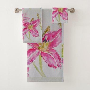 Pink Lily lillies Watercolor Painting Floral Bath Towel Set