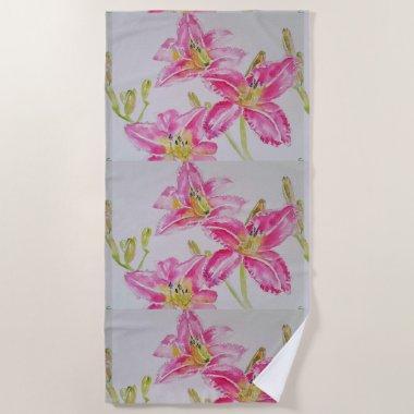 Pink Lily lillies Watercolor Painting Floral Beach Towel