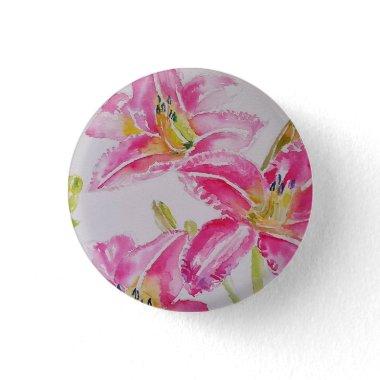 Pink Lily lillies Watercolor Painting Floral Button