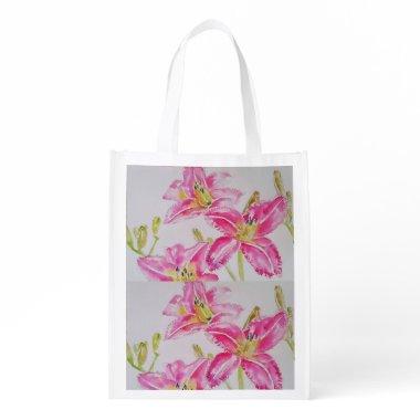 Pink Lily lillies Watercolor Painting Floral Grocery Bag