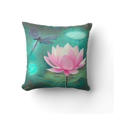 Pink Lotus & Dragonfly Throw Pillow