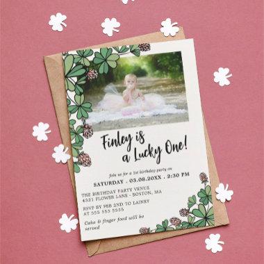 Pink Lucky One Four Leaf Clover 1st Birthday Party Invitations