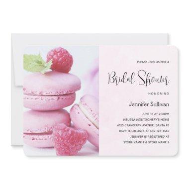 Pink Macarons with Red Raspberries Bridal Shower Invitations