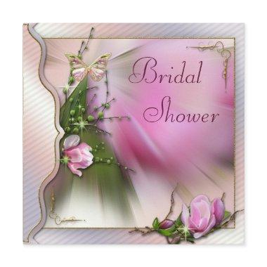 Pink Magnolia Butterfly Sparkle Bridal Shower Invitations