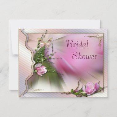 Pink Magnolia Butterfly Sparkle Bridal Shower Invitations