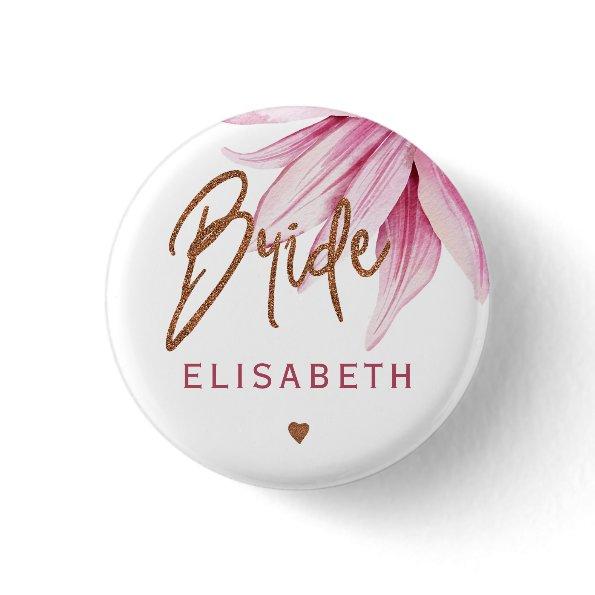 Pink magnolia copper script bridal shower bride button