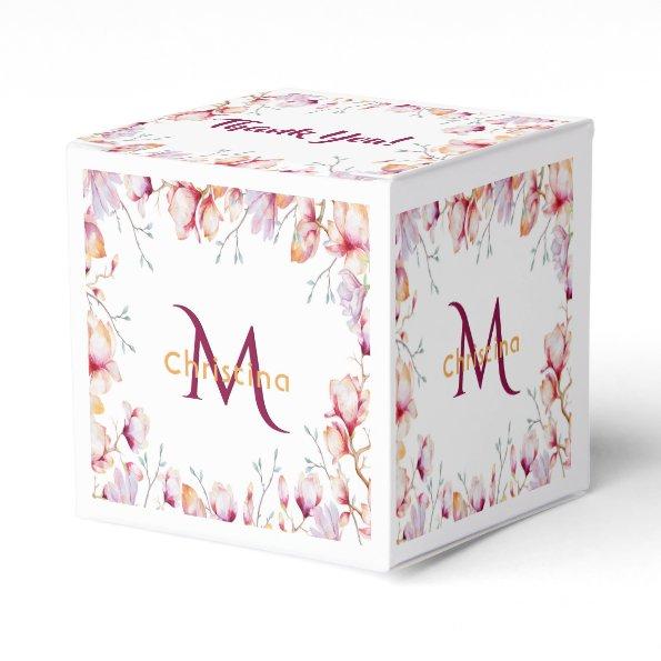 Pink magnolia florals white thank you monogram favor box