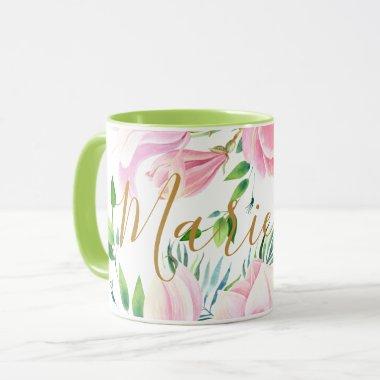 Pink Magnolia Flowers Watercolor Floral Add Name Mug