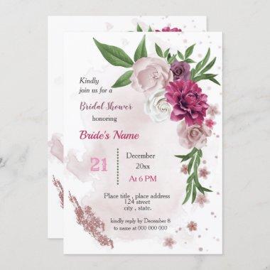 pink mauve flowers & green leaves bridal shower Invitations
