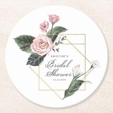 Pink Mauve Rose Floral Gold Frame Bridal Shower Ro Round Paper Coaster