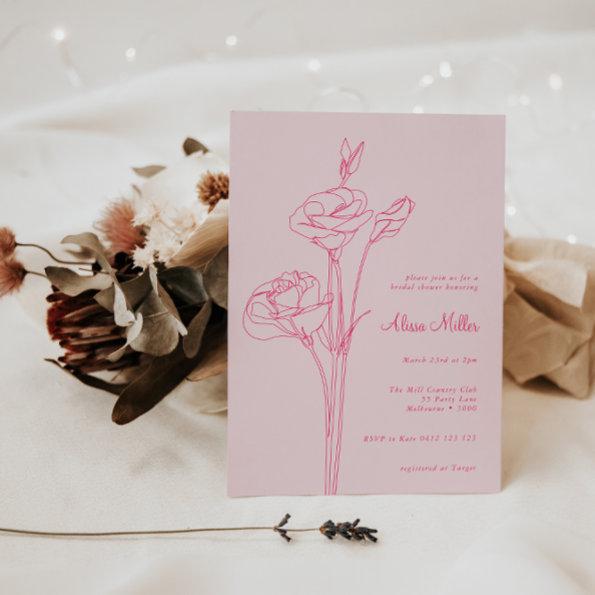 Pink Minimalist Line Floral Bridal Shower Invitations