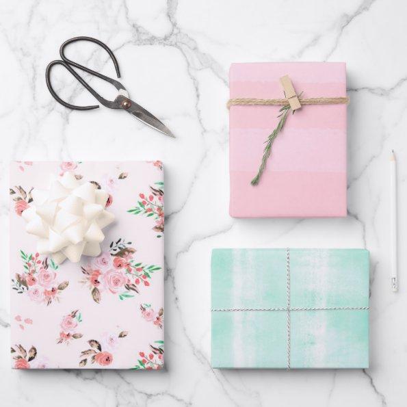 Pink & Mint Watercolor Floral and Subtle Stripes Wrapping Paper Sheets
