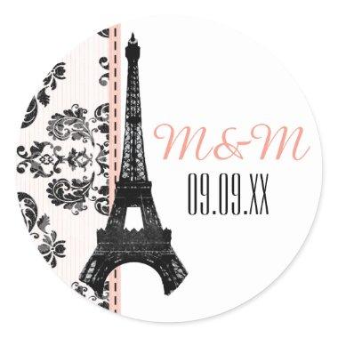 Pink Monogrammed Damask Eiffel Tower Wedding Classic Round Sticker