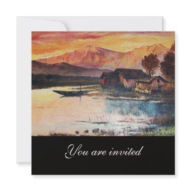 PINK MOUNTAINS LAKE ALPINE SUNSET LANDSCAPE Invitations