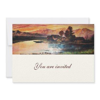 PINK MOUNTAINS LAKE ALPINE SUNSET LANDSCAPE Invitations