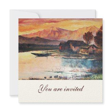 PINK MOUNTAINS LAKE ALPINE SUNSET LANDSCAPE
