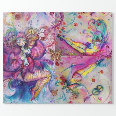 PINK MUSICAL CLOWNS ,BUTTERFLİES AND FLORAL SWIRLS WRAPPING PAPER