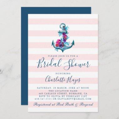 Pink Nautical Watercolor Anchor Bridal Shower Invitations