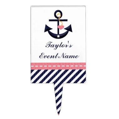 Pink Navy Blue Anchor Nautical Cake Pick Topper