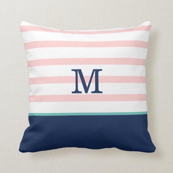 Pink, Navy Blue and Teal Monogram Throw Pillow