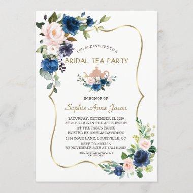 Pink Navy Blue Flowers Gold Bridal Tea Party Invitations