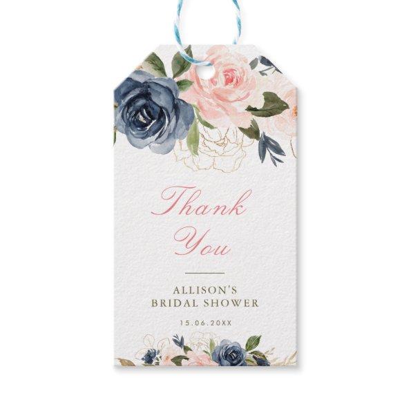 Pink & navy blue watercolor floral bridal shower gift tags