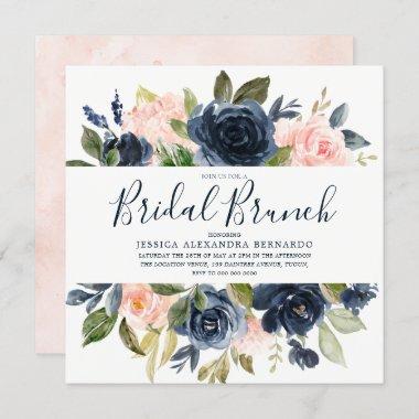 Pink & Navy Blue Watercolor Flowers Bridal Shower Invitations