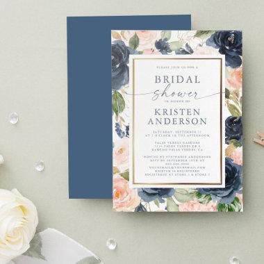 Pink Navy Floral Watercolor Gold Bridal Shower Invitations