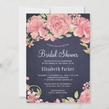Pink navy floral watercolor rustic bridal shower Invitations