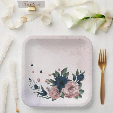 pink & navy flowers botanical paper plates