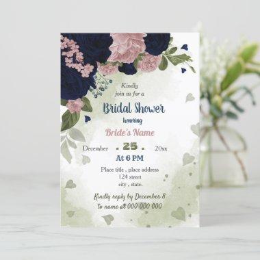 pink navy flowers greenery bridal shower Invitations