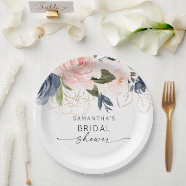 Pink Navy Watercolor Floral Bridal Shower Paper Plates