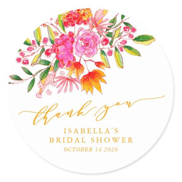 Pink Orange Floral Custom Bridal Shower Thank You Classic Round Sticker