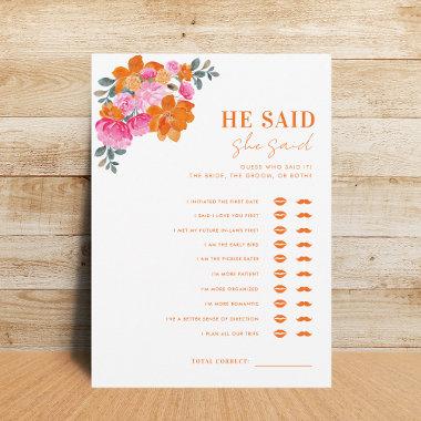 Pink Orange He Said She Said Bridal Shower Game Invitations