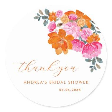 Pink Orange Vibrant Floral Bridal Shower Thank You Classic Round Sticker