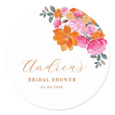Pink & Orange Vibrant Summer Floral Bridal Shower Classic Round Sticker