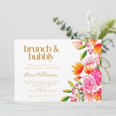 Pink Orange Watercolor Floral Bridal Brunch Bubbly Invitations