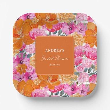 Pink Orange Watercolor Floral Summer Bridal Shower Paper Plates