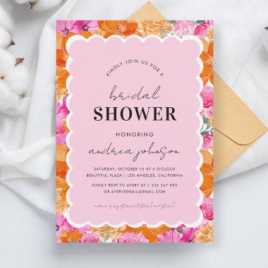 Pink & Orange Watercolor Floral Wavy Bridal Shower Invitations