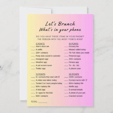 Pink Orange What's In Your Phone Brunch Party Game Invitations