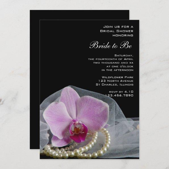 Pink Orchid and Pearls on Black Bridal Shower Invitations