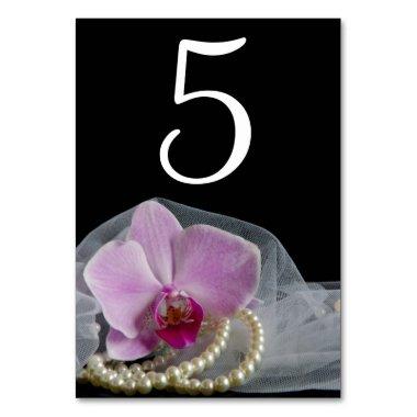 Pink Orchid and Pearls on Black Wedding Table Number