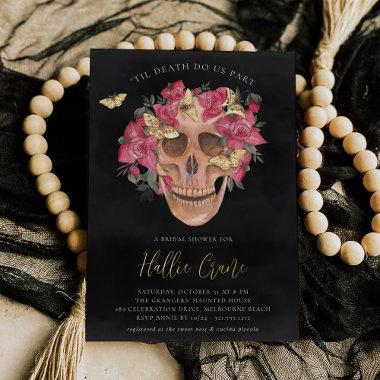 Pink Orchid Floral Skull Halloween Bridal Shower Foil Invitations