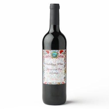 PINK ORIENTAL FLOWERS DAMASK BLUE GEM MONOGRAM WINE LABEL