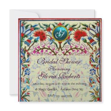 PINK ORIENTAL FLOWERS DAMASK MONOGRAM Blue Silver Invitations